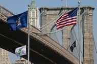 Brooklyn Bridge with flags