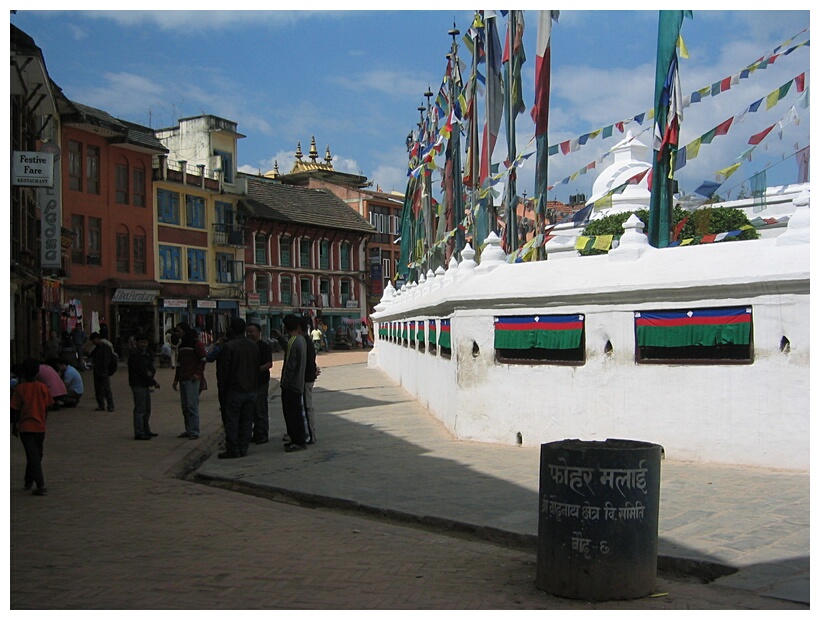 Prayer wheels and flags at Bodhnath